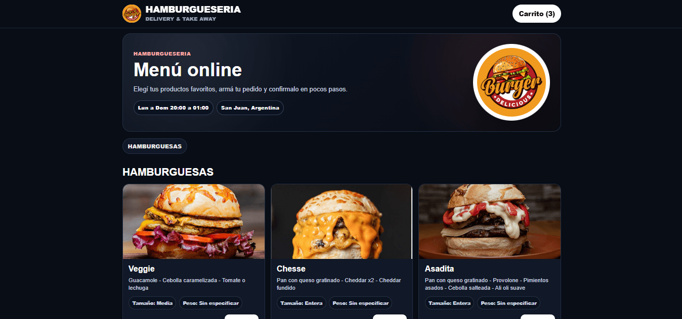 Vista Menú del menú online Burger
