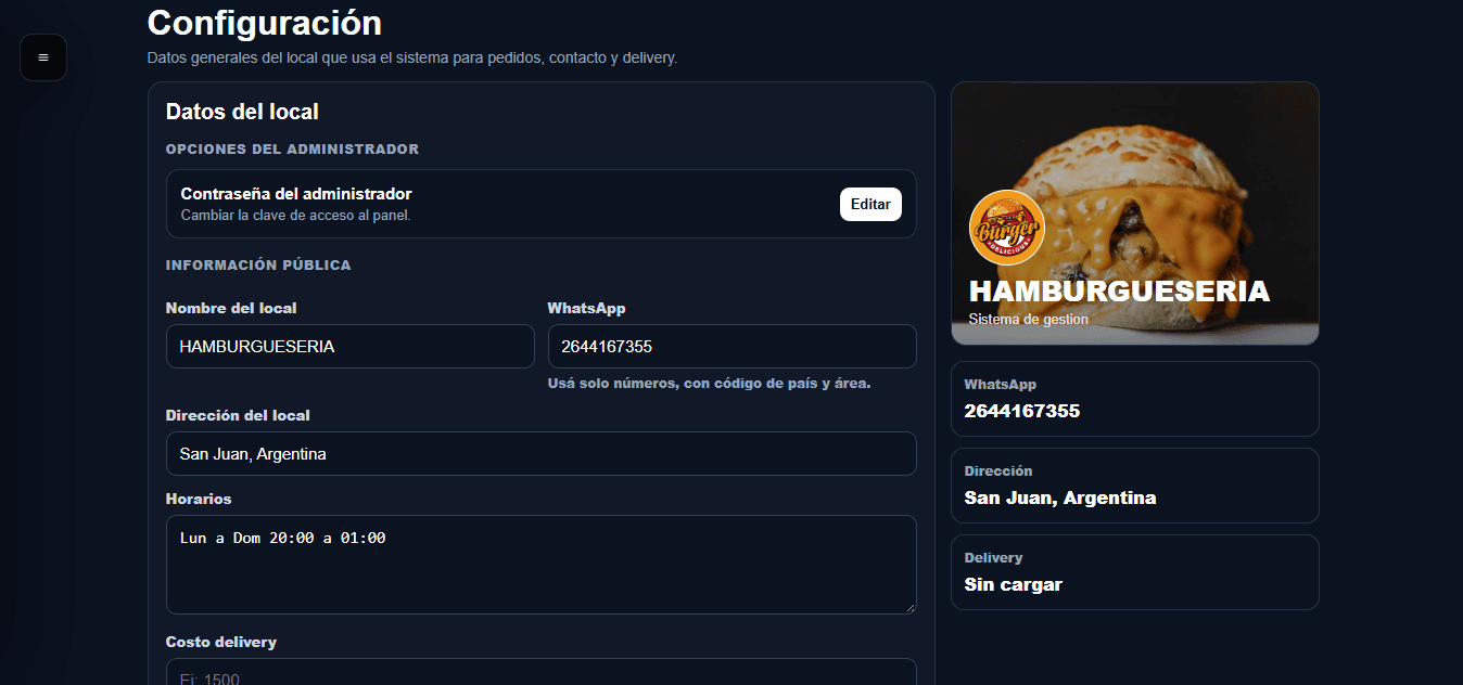 Vista Configuración del Sistema Burger